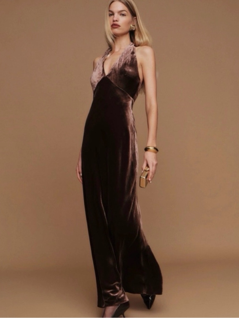 Reformation Daniella Velvet Halter Evening Slip Dress in Deep Brown